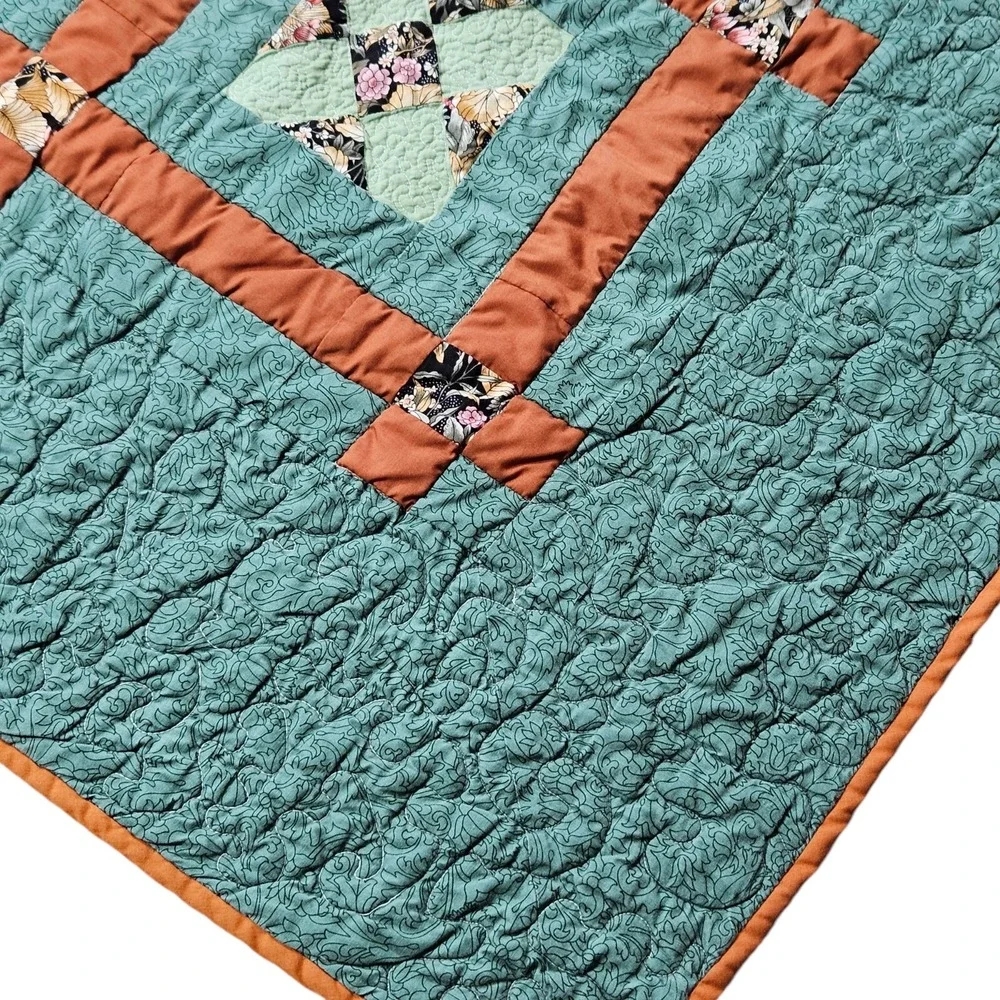 Vintage 90's Handmade Quilt Squares Green Brown Machine Pieced 72x72